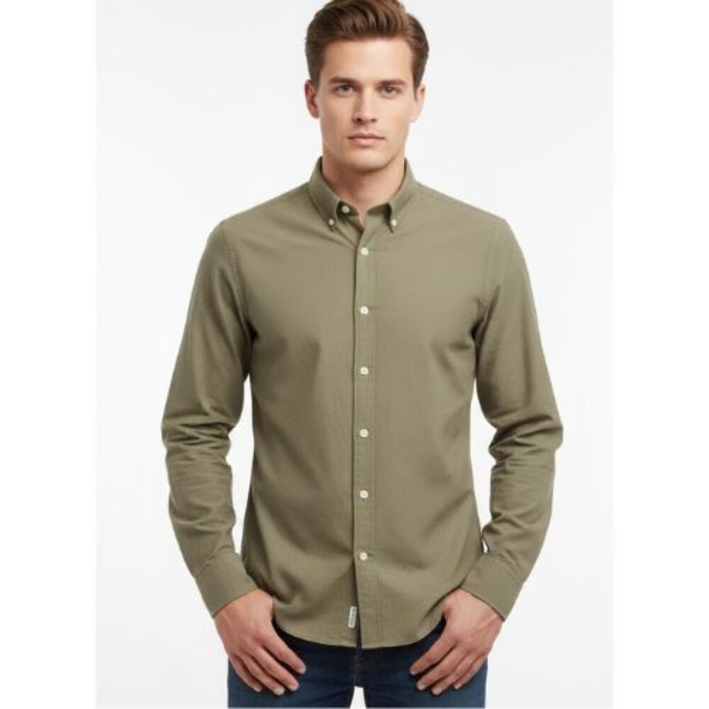 Moda International Men's Khaki Brown Button-Down Long Sleeve Classic Shirt XS